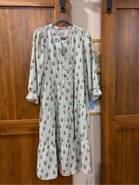 Green and White Striped Floral Tiered Maxi Dress